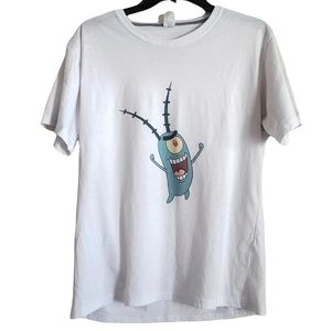 Adult M White SpongeBob Plankton Graphic Short Sleeve T-shirt